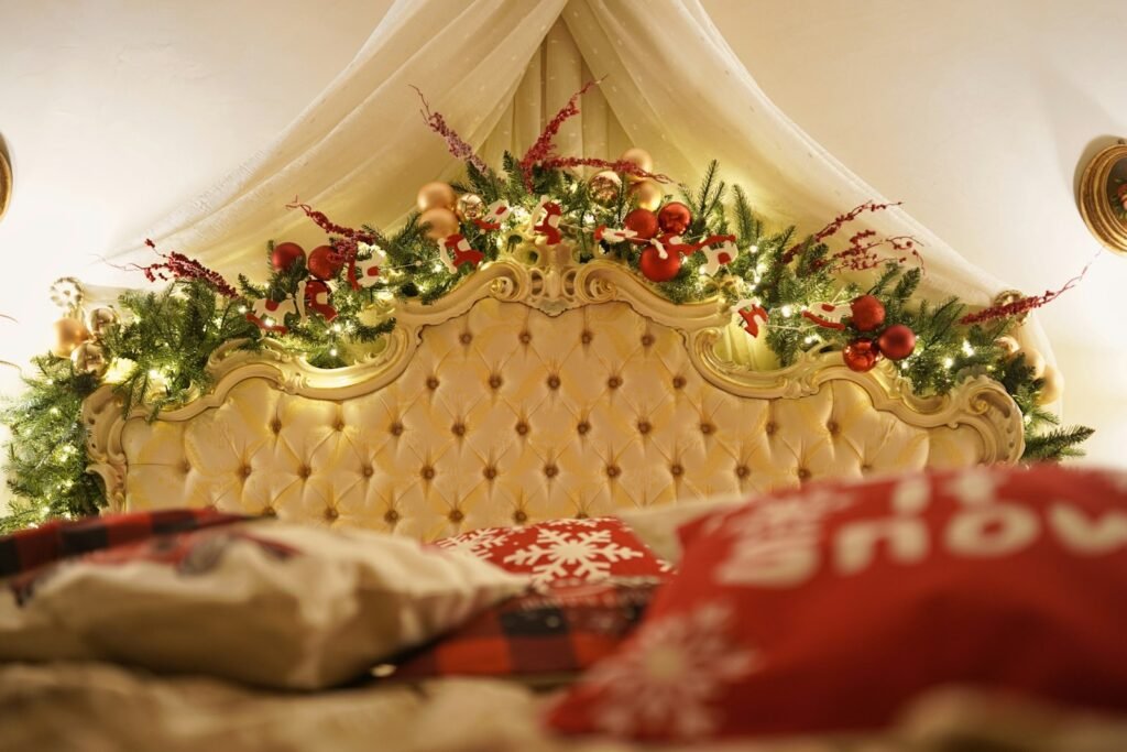 Bed canopy decorated with warm fairy lights