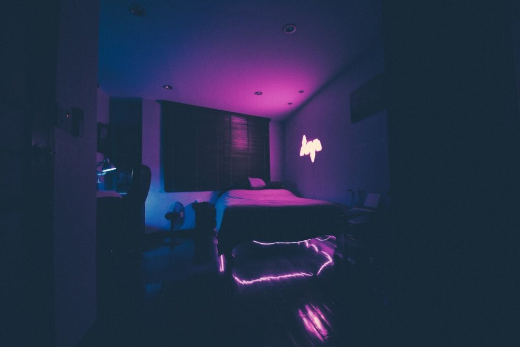 LED strip lights glowing in a bedroom