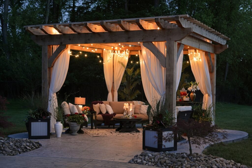 Outdoor string lights over a patio in the evening