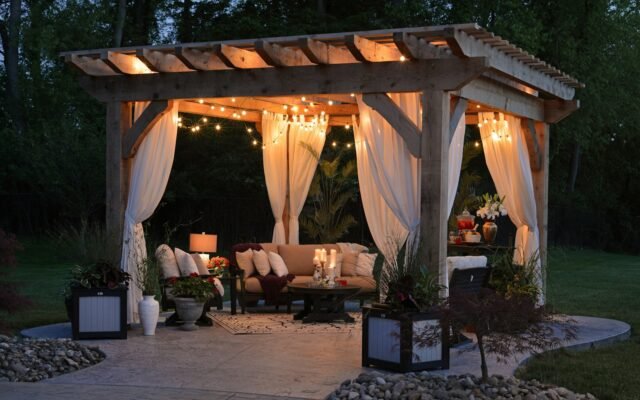 Outdoor string lights over a patio in the evening