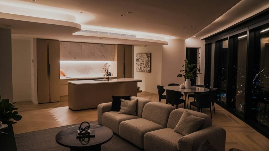 Apartment with renter-friendly lighting in the evening