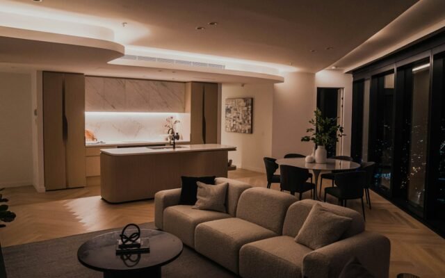 Apartment with renter-friendly lighting in the evening
